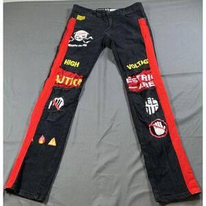Reason Brand Mens 32 Black Red Stripe High Voltage Graphic Distressed Denim Jean
